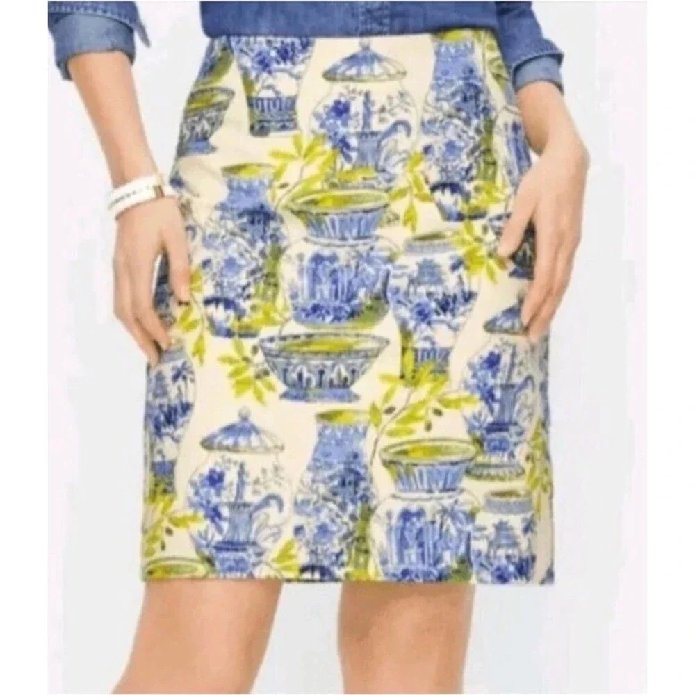 Talbots Mini Skirt Watercolor Chinoiserie Blue White Green Lined Women's Size 4 - Picture 5 of 9